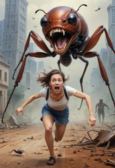 woman fleeing in terror from a giant ant, BREAK, terrified young woman's face, screaming, <lora:add-detail-xl:0.75>,  <lora:xl_more_art-full_v1:0.5>,   ZIP2D