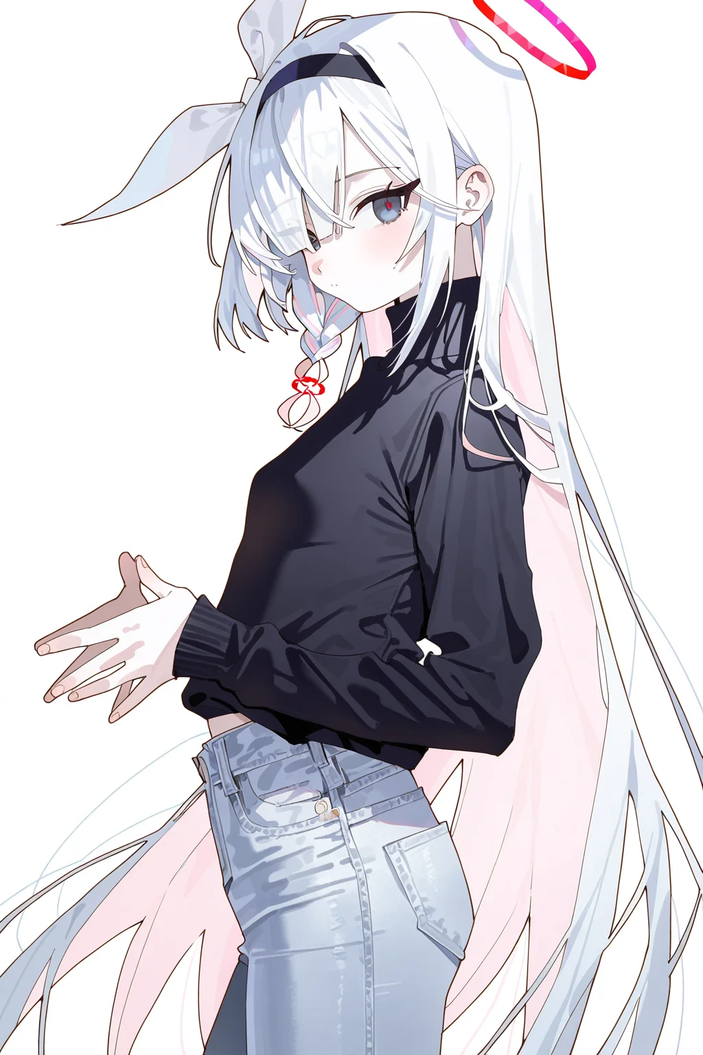 1girl, plana \(blue archive\), arutera, solo, (alternate costume), tight jeans, black sweater, turtleneck sweater, from side, best quality, masterpiece, very awa, absurdres