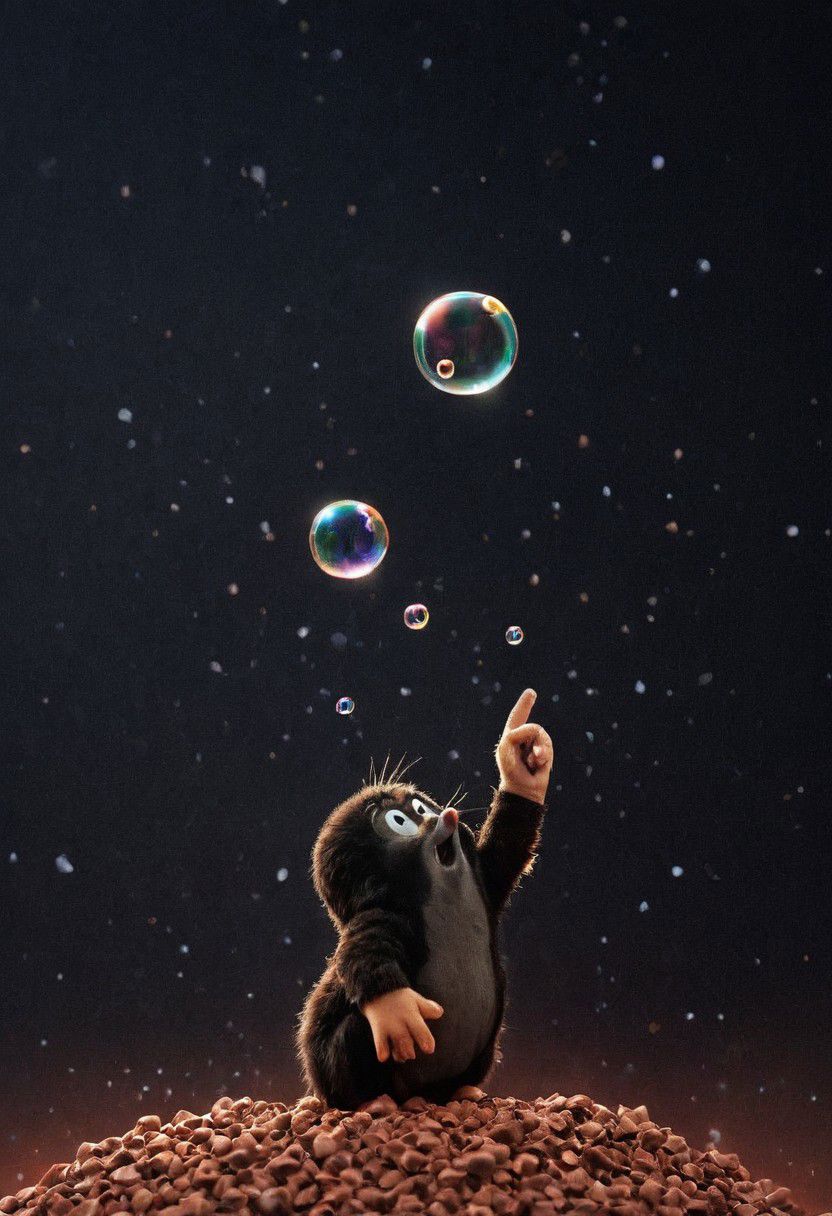 Mil3r, Dark Photo of little fluffy Mole in space Shop in Planet Mars, atmospheric haze, Environment, neon-pastel bubbles in the Air, 
Photorealistic, Hyperrealistic, Hyper detailed, analog style, realistic, masterpiece, best quality, ultra realistic, 8k, Intricate, High Detail, film photography, soft lighting, heavy shadow,