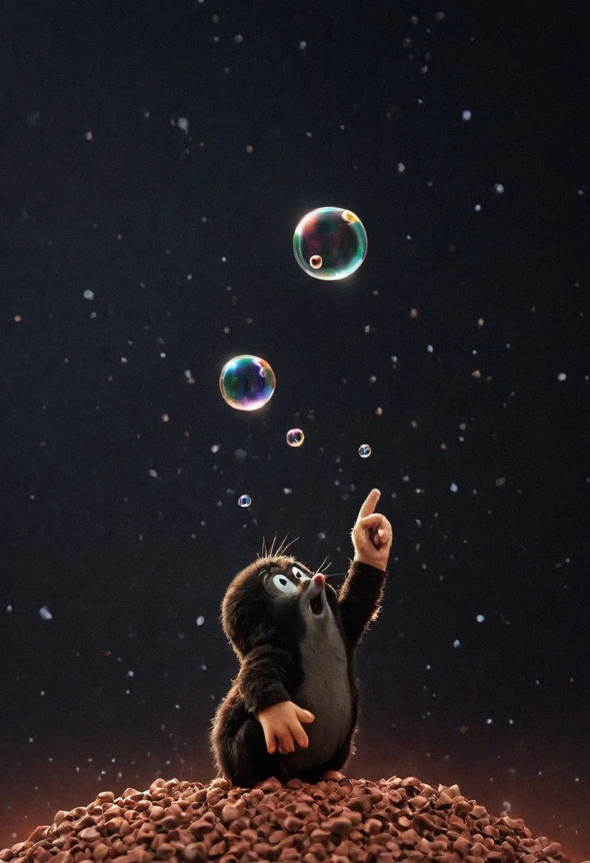 Mil3r, Dark Photo of little fluffy Mole in space Shop in Planet Mars, atmospheric haze, Environment, neon-pastel bubbles in the Air,
Photorealistic, Hyperrealistic, Hyper detailed, analog style, realistic, masterpiece, best quality, ultra realistic, 8k, Intricate, High Detail, film photography, soft lighting, heavy shadow,