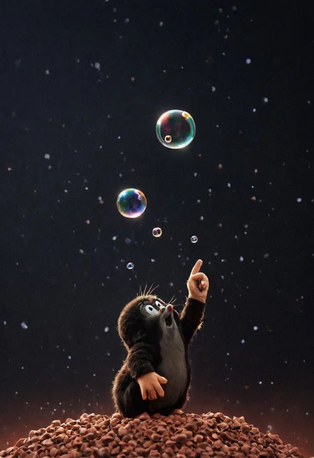 Mil3r, Dark Photo of little fluffy Mole in space Shop in Planet Mars, atmospheric haze, Environment, neon-pastel bubbles in the Air, 
Photorealistic, Hyperrealistic, Hyper detailed, analog style, realistic, masterpiece, best quality, ultra realistic, 8k, Intricate, High Detail, film photography, soft lighting, heavy shadow,