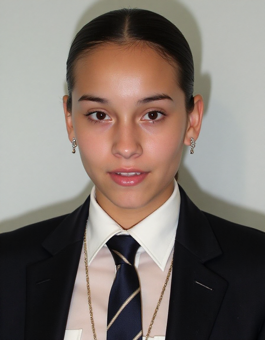 High quality passport photo of breeyana a woman, wearing a suit and tie looking directly at the camera with her mouth closed and a neutral expression. She is also wearing a delicate gold chain and some understated diamond earrings. 