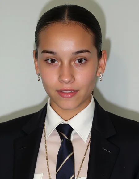 High quality passport photo of breeyana a woman, wearing a suit and tie looking directly at the camera with her mouth closed and a neutral expression. She is also wearing a delicate gold chain and some understated diamond earrings.