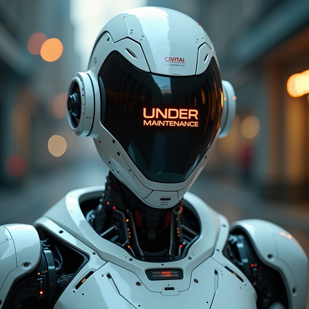 futuristic sc-fi photograph of a robot labeled "CIVITAI" with a large visor that has an error text that reads "UNDER Maintenance"