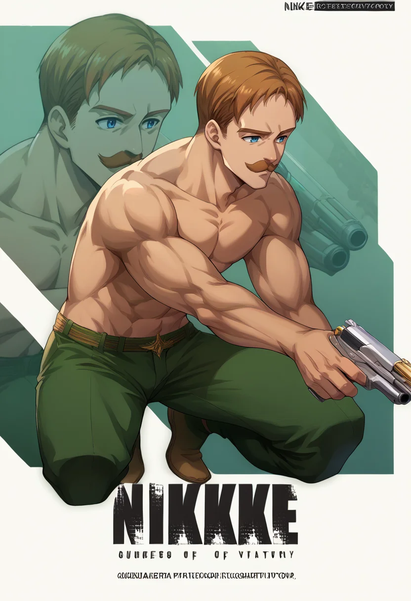 score_9, score_8_up, score_7_up, source_anime, 1boy, solo, Escanor, muscular, short hair, brown hair, mustache, blue eyes, topless male, green pants, IncrsNikkeProfile, full body, zoom layer, holding weapon, holding gun, one knee, <lora:ChamEscanorPonyXL:1.0>, <lora:NikkeProfileV2_XLPD:1>