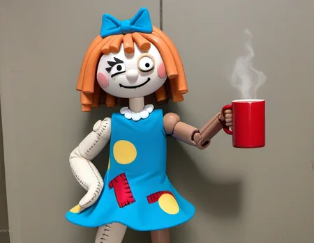 score_9, mollyc1, bow, dress, black pupils, hair bow, doll, standing, looking at viewer, bags under eyes, tired, sleepy, smile, holding cup, mug, <lora:mollyc1:1>,