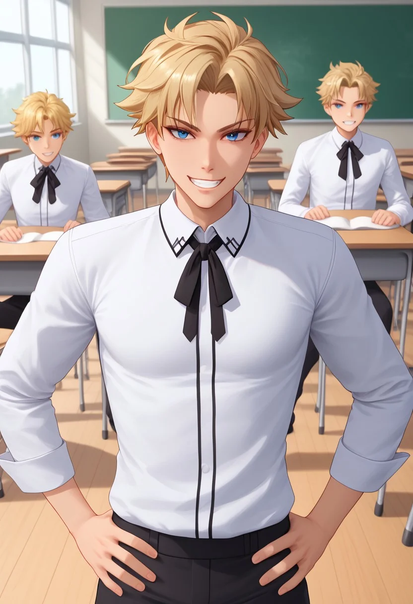 Masterpiece, best quality, high quality, highres, 4k, detailed face, Expressiveh, bmbplora, Genshirou Saji, Blonde Hair, Blue eyes, Short Hair, Parted Hair, School Uniform, white collar shirt, black neck ribbon, black pants, classroom, solo, hands on hips, grin,
