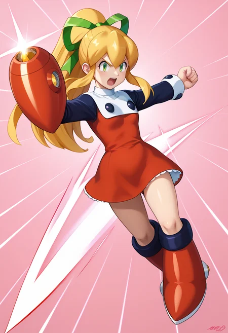 newest, masterpiece, best quality, 4k,
pink background, very aesthetic, detailed background, full body,
1girl, solo,   r0ll, roll (mega man),long hair, blonde hair, hair ribbon, ponytail, sidelocks, green eyes, red dress, knee boots, long sleeves, arm cannon, v eyebrows, shouting,weapon, shooting weapon,fighting stance, <lora:RollPony:1>