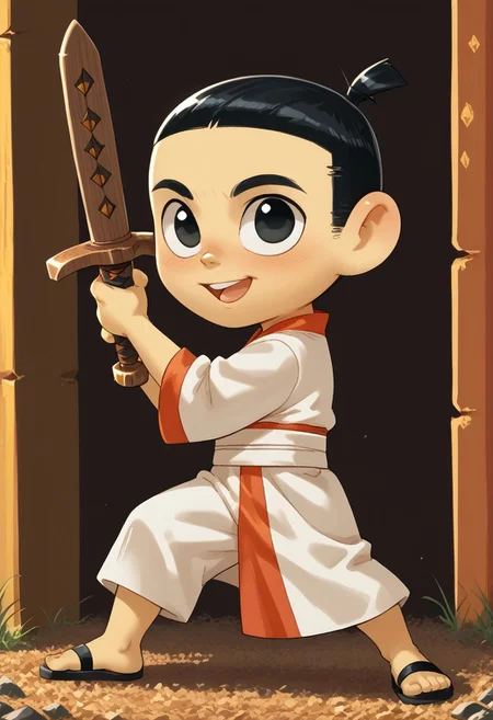 score_9, score_8_up, score_7_up, highly detailed, CuteCartoonStyle, cute, Score_9, Score_8_up, Score_7_up <lora:Young Samurai Jack:1>,youngjack, fair skin, topknot, short black hair, black eyes, male, weapon, sword, 1boy, solo, male focus, black hair, wooden sword, yellow skin, open mouth, black eyes, holding, colored skin
, <lora:Cute Cartoon ArtStyle:1>CuteCartoonStyle,
<lora:IssaKa Poses:1>, full body, standing, open legs, extended hands, holding sword, front side view