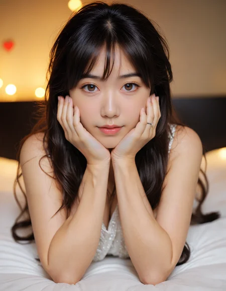masterpiece, best quality, (adult girl), posing (very submissive:1.5), supporting head on hands, (cute face, temptations look), (shallow focus:1.2), (shy, in love, in love expression:1.2), (triangle shape face:0.6), (black hair:1.2, long brown hair), deep v top, dress, bed, (rim light from bottom-right:0.96), (Canon 50 f/1.2 lens bokeh), <lora:hinaTuningFaceDetailer_SDXL-v2-rank256-pruned:0.7>