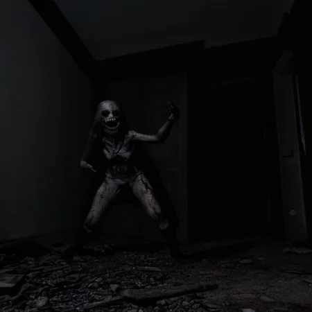 horror scene, knife, indoors, night time, gore, glowing eyes, evil, evil demon, soft errie dim lighting giving just enough light to see the danger ahead, even though it is night and dark there are multiple light sources throughout the scene so it is not overly dark. Horror cinematic lightning. terrifying level 12 out of 10
