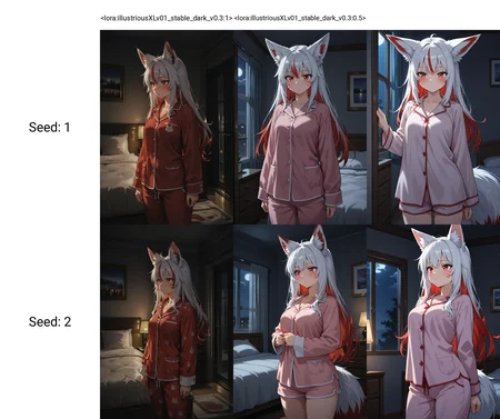 <lora:illustriousXLv01_stable_dark_v0.3:1>1girl,fox ears,white hair,red eyes,red hair, multicolored hair,whisker markings,cowboy shot,pajamas,night,indoors,dark,bedroom,masterpiece,best quality,