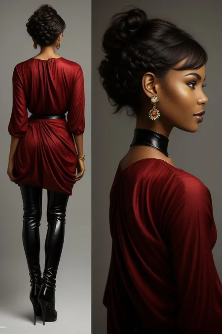 masterpiece,best quality,ultra_detailed, bellissima, 1girl , smile, haircut style pixie, breasts, dark skin, dark-skinned female, earrings, from behind, high heel boots, realistic, simple background, solo, westwood style 1girl