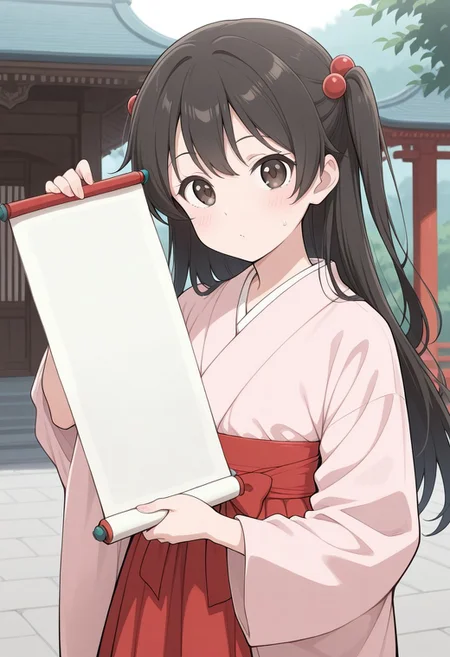 masterpiece, best quality,sfw,
1girl,look at viewer,
holding scroll,blank scroll,
outdoors,
