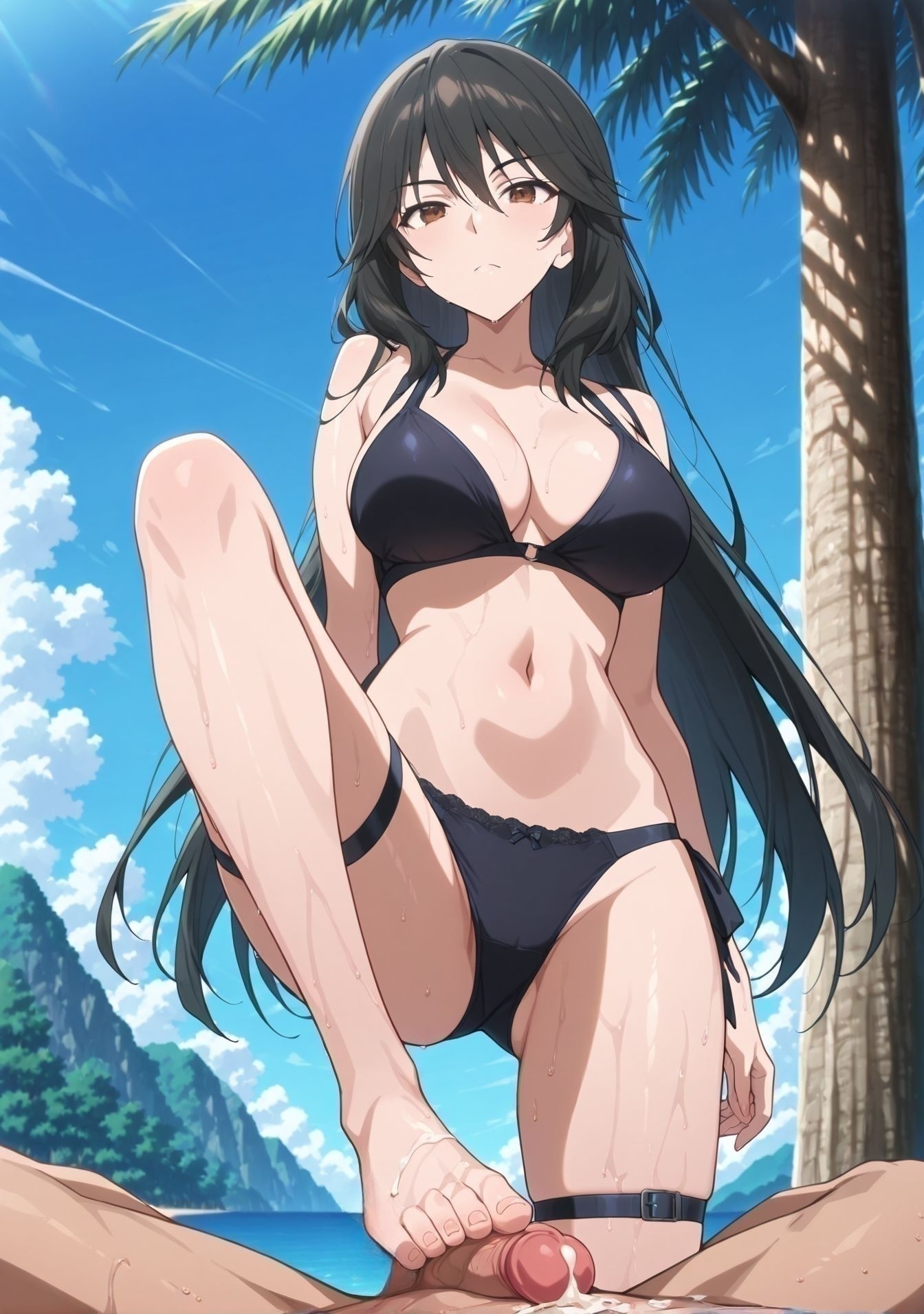 masterpiece, best quality, newest, absurdres, highres, detailed eyes, beautiful, detailed background, perfect eyes, anime coloring, anime screencap,
<lora:Thigh_Sex:1>Thigh_SexV1,
1girl,hetero,1boy,feet,penis, solo, 
barefoot,panties,
clothed female nude male,cum,
fumichin,
BREAK
ocean, tree, blue sky, 
black hair,brown eyes,long hair,,large breasts, black bikini,wet,thigh strap, 
<lora:Chifuyu_Orimura-Infinite_Stratos:0.8>
BREAK