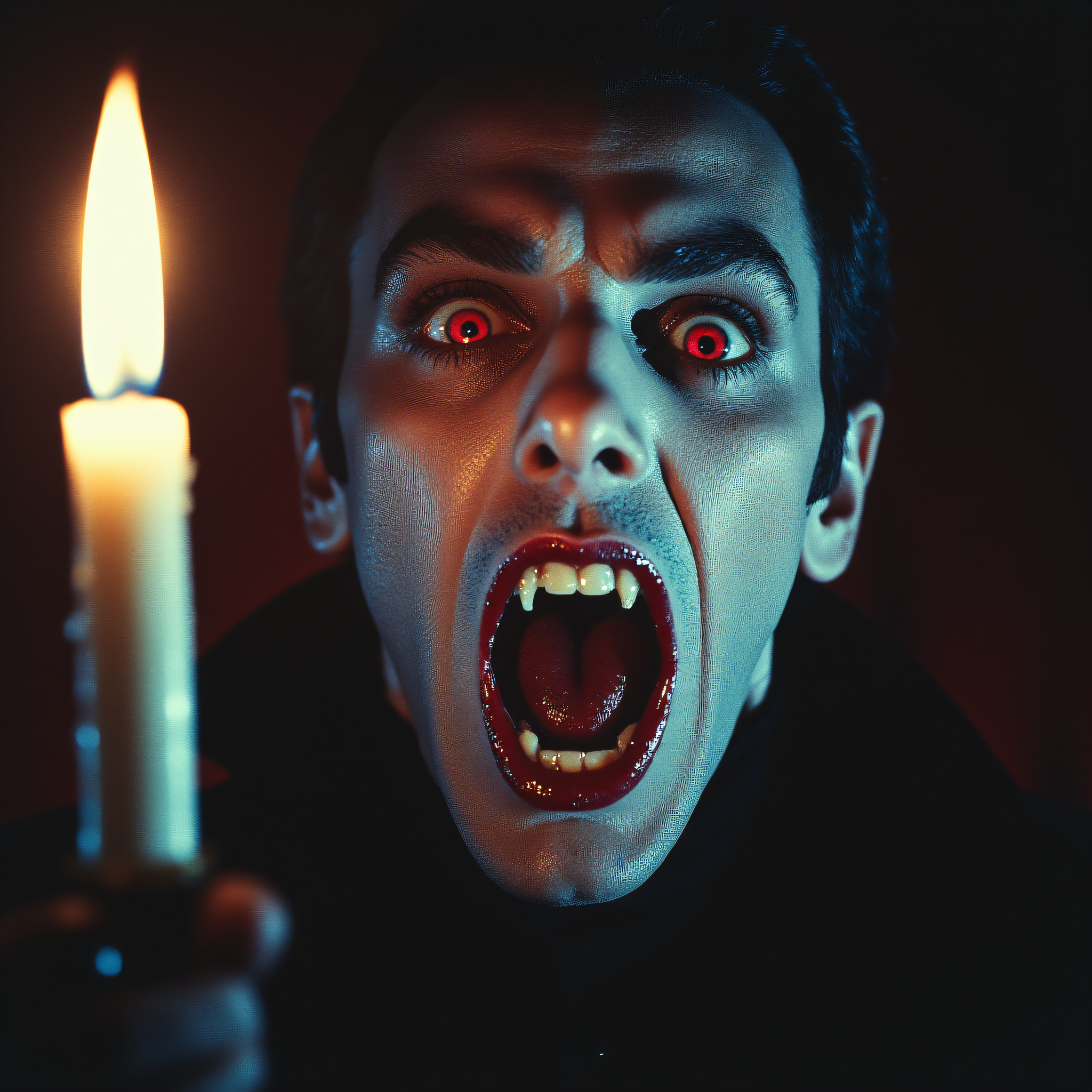 ArsMovieStill, movie still from a 1970s horror movie, The image is a close-up portrait of a vampire's face. The vampire has dark hair and red eyes and his mouth is open wide revealing sharp teeth. His teeth are covered in blood and he is holding a lit candle in his right hand. The background is dark making the vampire's features stand out. The overall mood of the image is eerie and menacing., candle, red eyes, 1boy, black hair, solo, male focus, teeth, realistic, open mouth, fire