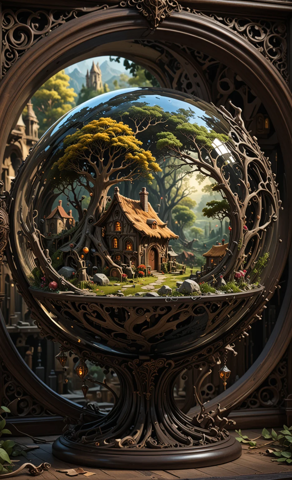 A glass sphere sculpture, concealed inside the sphere is a Hobbits village, in the day, detailed image, 8k high quality detailed, shaped sphere, amazing wallpaper, digital painting highly detailed, 8k UHD detailed oil painting, beautiful art UHD, focus on full glass sphere, bokeh, background Modifiers: extremely detailed Award winning photography, fantasy studio lighting, photorealistic very attractive beautiful imperial colours ultra detailed 3D, (Very Intricate), UHD, <lora:3D_Framed_Wall_Art_-_By_DICE:1>, (3D Framed, Macabre)