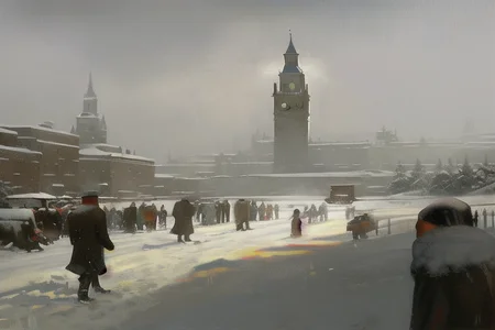 a painting of people walking in the snow in front of a building with a clock tower in the background