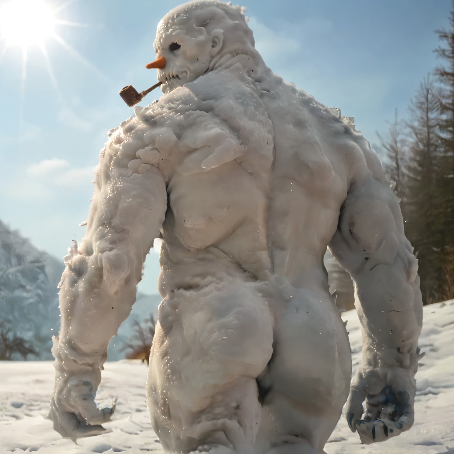 safe_pos, Zpdxl3, Score_7_up, score_8_up, solo male, realistic, photo,  rear view, ass focus, closeup, Bara, 
BREAK,
Snowman, (monster:1.15), made of ice, glistening skin, glittery skin, carrot nose, sharp teeth, dark eyes, pipe in mouth, ass, bubble butt, looking back, walking, walking away, 
Snow, sunlight, morning, god rays, 