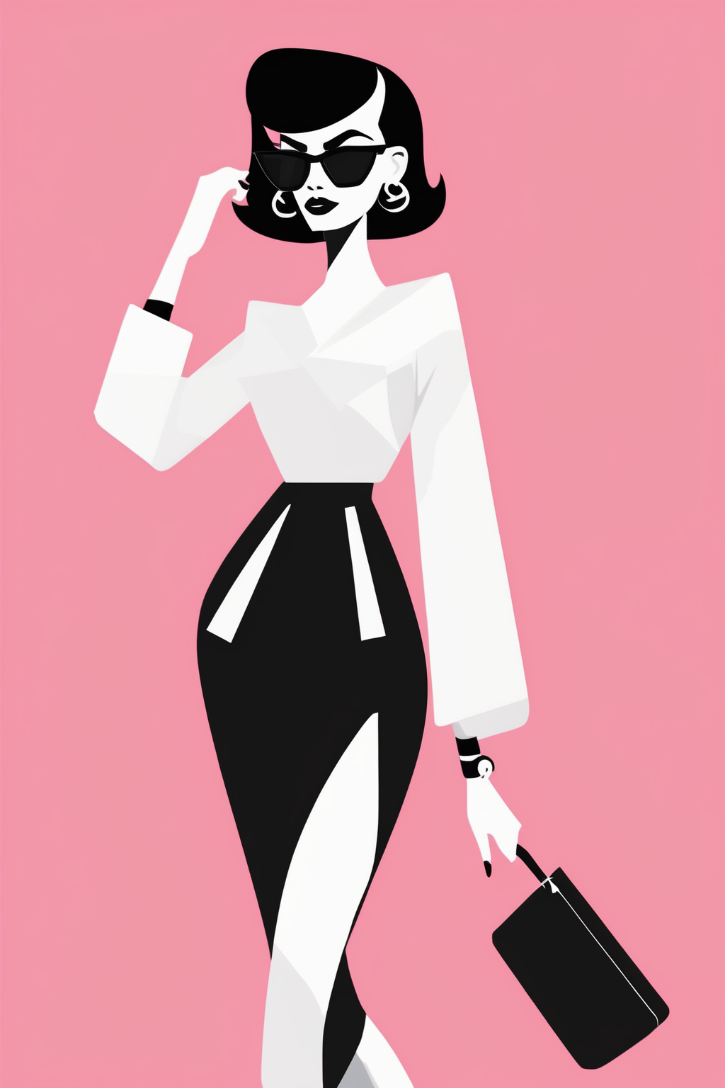 Josh Agle Style - woman fashion illustration of the Powerpuff Girl,fashion,minimalist, Vector, white background,Solid Background, Sharpness and clarity,masterpiece, trending on Artstation and Dribbble.