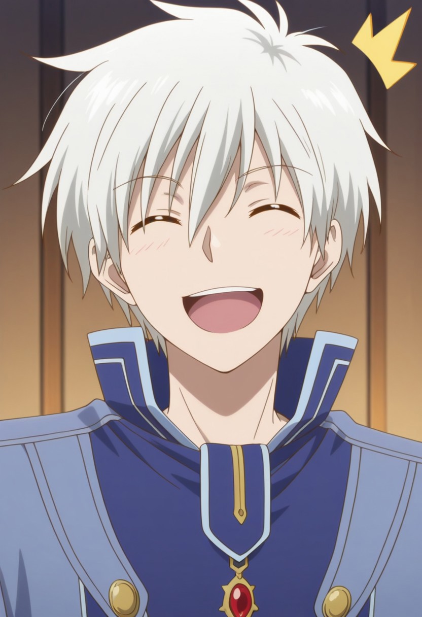 masterpiece,best quality,amazing quality, source_anime, 
ZenWistaria, 1boy, male focus, solo, closed eyes, ^^ , white hair, jacket, blue jacket, high collar, smile, open mouth, portrait,