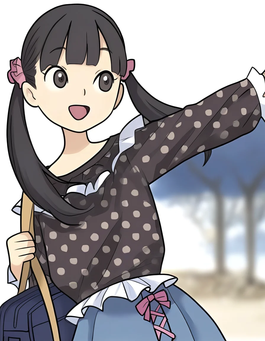 <lora:lijing_noob:1>,skin1,lijing,1girl,solo,black hair,open mouth,black eyes,white background,smile,simple background,bangs,twintails,hair ornament,bag,upper body,wink,polka dot,skirt,
masterpiece,best quality,very aesthetic,absurdres,