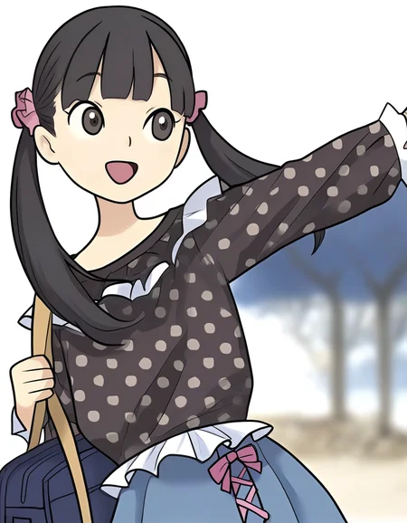 <lora:lijing_noob:1>,skin1,lijing,1girl,solo,black hair,open mouth,black eyes,white background,smile,simple background,bangs,twintails,hair ornament,bag,upper body,wink,polka dot,skirt,
masterpiece,best quality,very aesthetic,absurdres,