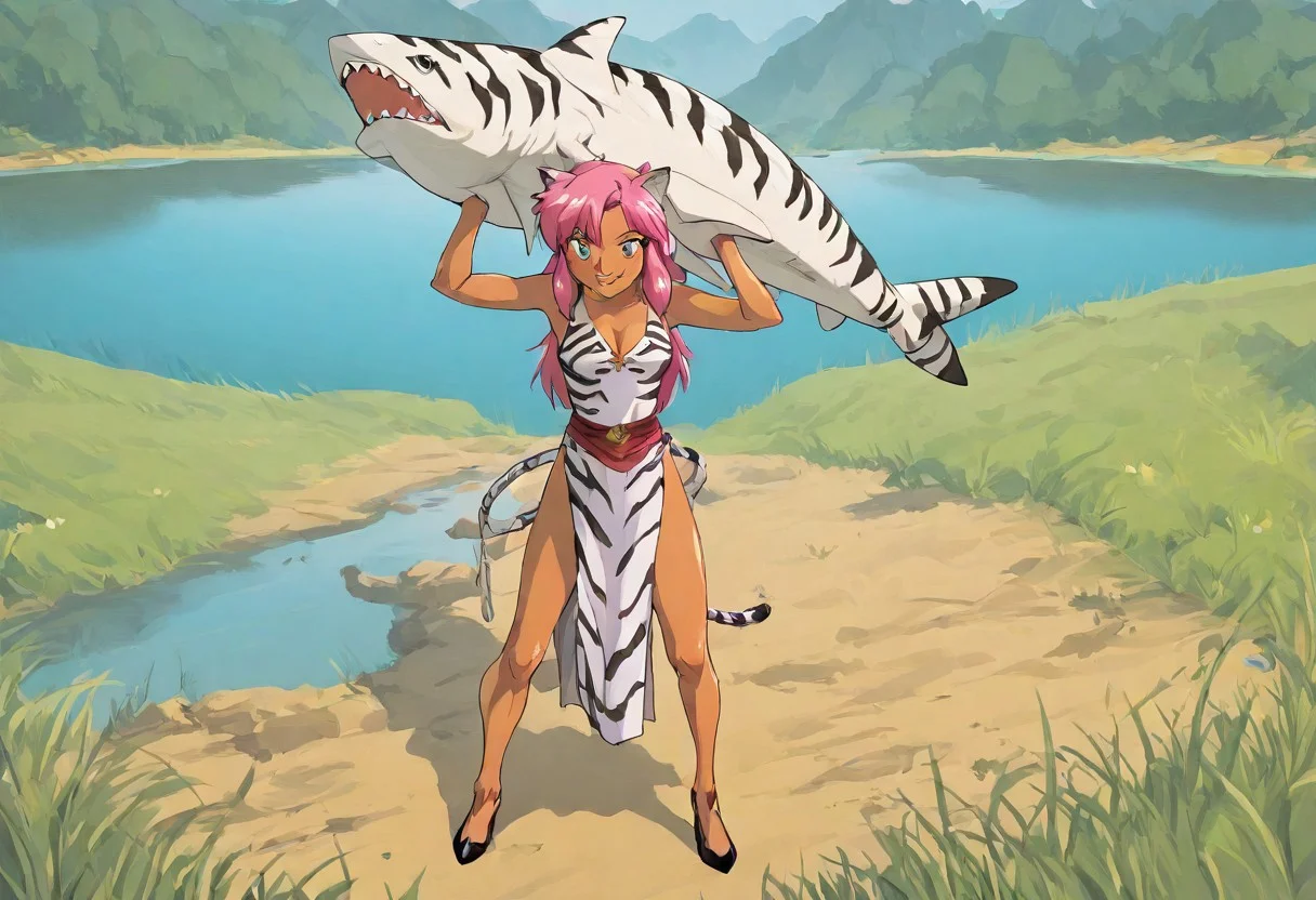 Pink_DragonPink, 1girl, sleeveless dress, white tiger print dress, pelvic curtain, cleavage, white tiger tail, red sash, small breasts, leather shoes, masterpiece, very aesthetic, smiling wide, <lora:pink-illustrious:1>, super_strength, holding a massive shark, over head, hands up,
Break
Hyrule field, sunny day, in a lake, 1man, link looking at pink in amazement