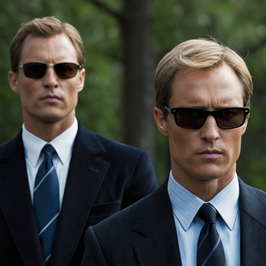 cinematic film still of cinematic film still of  <lora:add-detail-xl:1>0
<lora:detailed:0.3>
<lora:perfection style:0.3>
<lora:xl_more_art-full_v1:0.3>
 <lora:true detective style:1>
two men in suits and ties standing next to each other,short hair,blonde hair,shirt,holding,jacket,white shirt,upper body,male focus,outdoors,multiple boys,necktie,day,collared shirt,2boys,blurry,tree,black jacket,blurry background,formal,sunglasses,suit,blue necktie,black suit,pinstripe suit , sharp, detailed, epic photography, artistic, dramatic light, cinematic style, film style, 
true detective style, shallow depth of field, vignette, highly detailed, high budget, bokeh, cinemascope, moody, epic, gorgeous, film grain, grainy