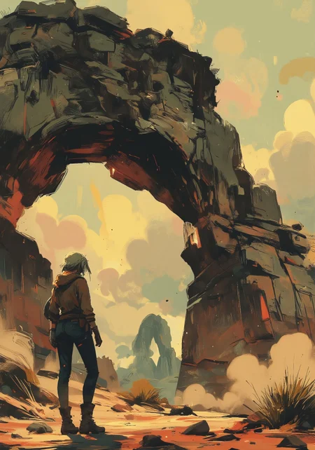 OBxiaoxiang, Special Ink-drawing mode, Mh1$AgThS2, intricate linework with expressive contrasts, soft lighting with dynamic highlights, image of a dusty desert with a female explorer, blonde hair, hat and jacket, standing looking up at a massive stone arch, silhouetted at sunset, clouds