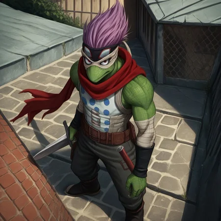 score_9, score_8_up, score_7_up, detailed, spinnermha, 1boy, solo, full body, red scarf, green skin, purple hair, bandages, red eyes, holding sword, BREAK, rooftop