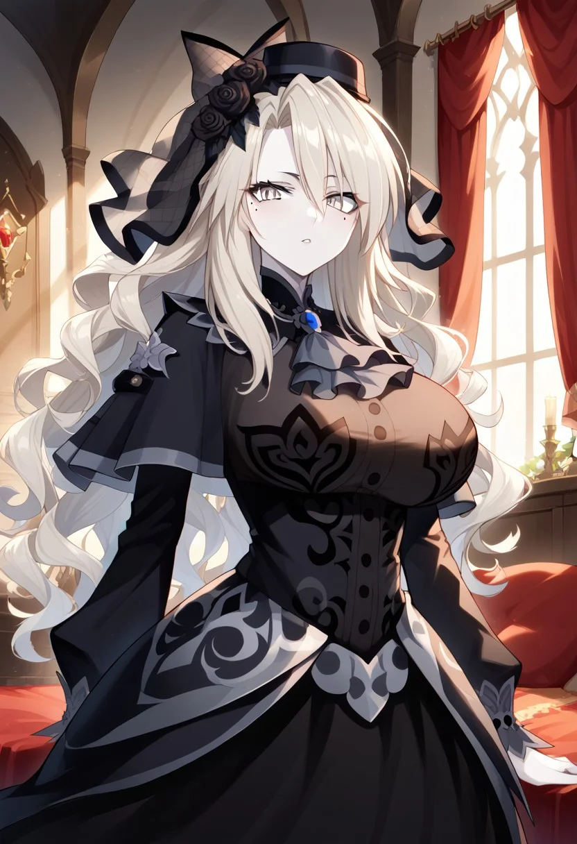 score_9, score_8_up, score_7_up, source_anime, Expressiveh, good_hands, best quality, masterpiece, newest, 4k, uncensored, prefect lighting, very aesthetic, indoors, medieval style bedroom, window, day, BREAK
1girl, solo, pale skin, grey eyes, grey hair, long hair, curly hair, mole under eye, makeup, hat, veil, rose, black dress, ascot, capelet, long skirt, <lora:Kriemhild:1>, large breasts, huge breasts, BREAK
standing, looking at viewer,