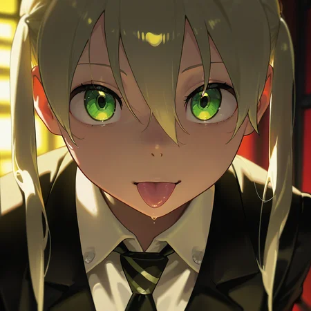 masterpiece, best quality, amazing quality, very aesthetic, absurdres, newest, volumetric lighting,
souleaterstyle,,maka,
1girl,solo,looking at viewer,bangs,blonde hair,shirt,hair between eyes,twintails,green eyes,jacket,necktie,tongue,collared shirt,tongue out,,portrait,:p,style ,anime coloring
,masterpiece, best quality, amazing quality, very aesthetic, absurdres, newest, volumetric lighting,
, <lora:soul_eater_illustrious:0.8>,