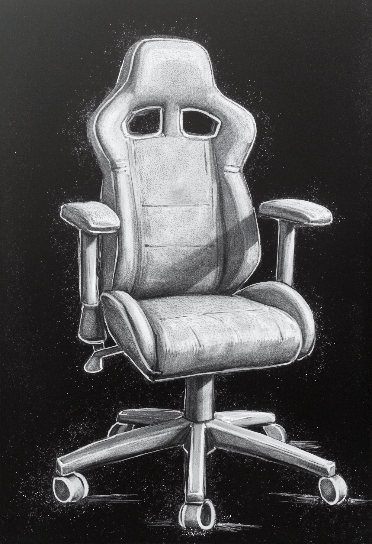 A rough chalk drawing of a white gaming chair on a black surface, created with bold, uneven white strokes. The chair’s design is sketched with a raw, expressive style, featuring exaggerated contours and asymmetrical details. Smudges and dust from the chalk add texture, giving the artwork a gritty, dynamic feel. The shading is coarse and irregular, emphasizing a spontaneous and unfinished aesthetic.