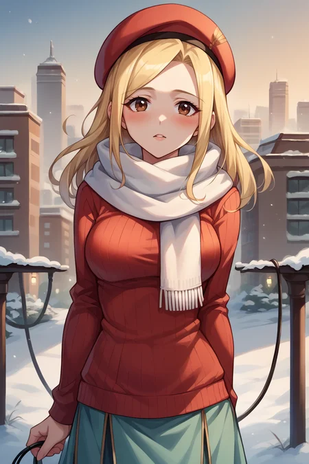 score_9, score_8_up, score_7_up, score_6_up, source_anime BREAK 1girl, solo <lora:ophilia-pdxl-nvwls-v1-000005:1> ophilia, blonde hair, long hair, brown eyes, beret, red sweater, cable-knit sweater, long skirt, city, winter, white scarf, looking at you, blush