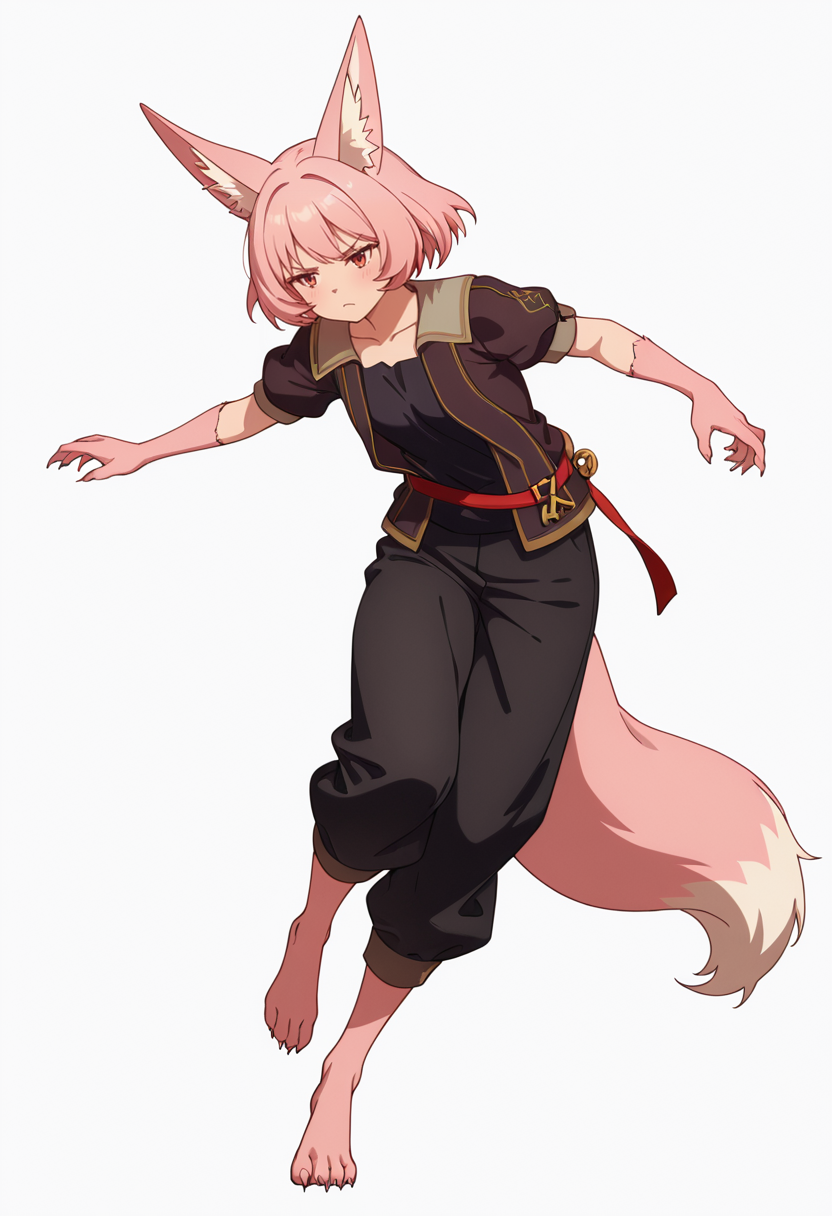 Smooth Quality,masterpiece,very intricate, high quality details, ultra realistic, high detailed skin,detailed enviorement,absurdres,
simple background, white background, dancing, solo,front view,
 <lora:Til_CNR:0.8> til_cnr, 1girl,pink hair, short hair, bangs, red eyes, animal ears, fox ears, animal ear fluff, fox tail, furry female, animal hands, claws, black shirt,open jacket,puffy short sleeves,black pants, belt,barefoot,, frown,, x3,