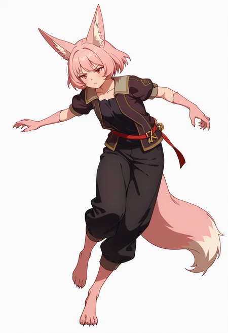 Smooth Quality,masterpiece,very intricate, high quality details, ultra realistic, high detailed skin,detailed enviorement,absurdres,
simple background, white background, dancing, solo,front view,
<lora:Til_CNR:0.8> til_cnr, 1girl,pink hair, short hair, bangs, red eyes, animal ears, fox ears, animal ear fluff, fox tail, furry female, animal hands, claws, black shirt,open jacket,puffy short sleeves,black pants, belt,barefoot,, frown,, x3,