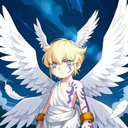 score_9, score_8_up, score_7_up, rating_safe, <lora:lucemon_epoch_9:1.1> dlucemon, small_head_wings, ((10_wings_in_the_back)), low_wings, wings_around_hips, 1boy, gnome:0.5, young, toga, flying feathers, solo, bracelet, constricted pupils, frown, sky, night, upper body, male focus, <lora:add-detail-xl:1.2> <lora:Expressive_H:0.3> Expressiveh