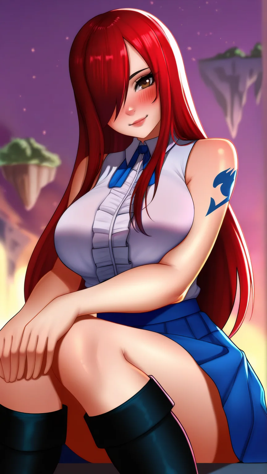 masterpiece, best quality, very aesthetic, absurdres, BREAK, 1girl, looking at viewer, cowboy shot,
<lora:ErzaDef_Illu_Dwnsty:0.8>, brown eyes, red hair, long hair, hair over one eye, white shirt, sleeveless shirt, center frills, arm tattoo, blue skirt, pleated skirt, black footwear, knee boots,
large breasts, lips, light smile, blush, head tilt, wariza, on ground, hands on own knees,
floating island, specular lighting,