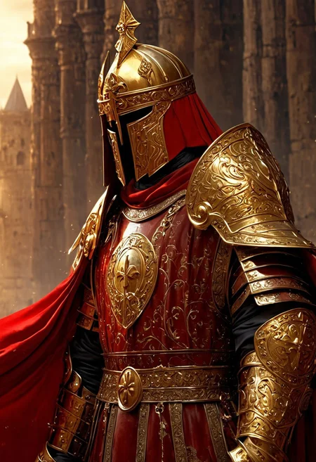 A formidable Byzantine warrior standing proud on a battlefield, wearing intricate armor of bronze and gold. His helmet is adorned with a crest and a visor, typical of Byzantine soldiers, and his armor is embossed with religious symbols and detailed patterns. He holds a kite-shaped shield in his left hand, decorated with a golden cross, and a spear in his right. A crimson and gold tunic peeks from beneath his armor, and a red cloak drapes from his shoulders, fluttering in the wind. His face is stern, with a well-groomed beard and piercing eyes. The background features the grandeur of a Byzantine fortress, with towering walls and golden domes visible under a stormy sky. The color palette includes rich reds, golds, and dark metallics, evoking a sense of Byzantine power, honor, and military might.e of ancient Persian power, nobility, and battle readiness.
, moody light, by H.R Giger, 4k resolution digital art trending on Artstation and unreal engine 5, hyperrealism, full body shot, glowing eyes, cinematic, epic, masterpiece, surreal, fantasycore, hyperdetailed, ultra realistic, octane render, volumetric lighting, depth of field, bokeh, 8 <lora:Details:0.85>