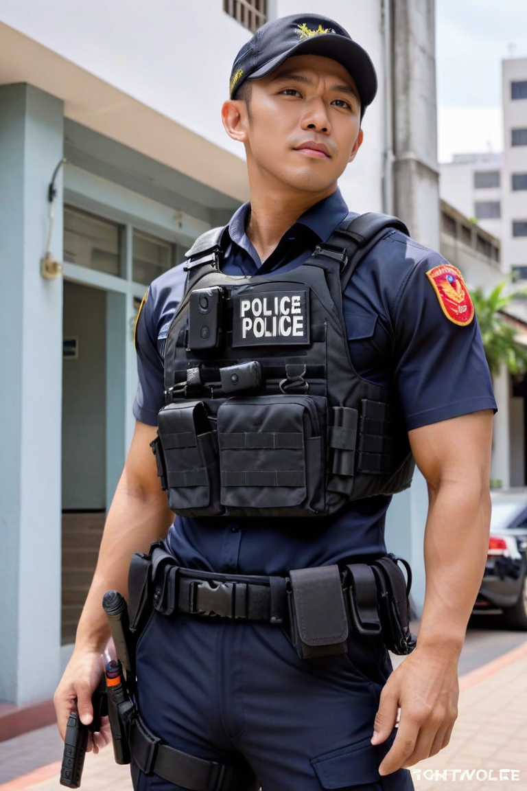 score_9, score_8_up, score_7_up, score_6_up, perfect anatomy, perfect proportions, best quality, masterpiece, high_resolution, high quality, highres, gay, homo, bara, male focus, male only, mature, masculine, manly, hunk, virile, rugged, hunky, handsome, charming, alluring, dutch angle, cowboy shot, asian man, Taiwanese man, young man, black eyes, black hair, goatee, HannekenTWpolice04, black police jacket, tactical vest, bulletproof vest, black pants, outdoors, police station, cityscape, black police cap, fatigue cap, tactical belt, walkie-talkie, hip holster, 