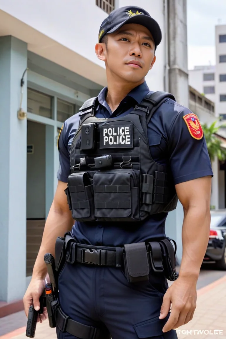 score_9, score_8_up, score_7_up, score_6_up, perfect anatomy, perfect proportions, best quality, masterpiece, high_resolution, high quality, highres, gay, homo, bara, male focus, male only, mature, masculine, manly, hunk, virile, rugged, hunky, handsome, charming, alluring, dutch angle, cowboy shot, asian man, Taiwanese man, young man, black eyes, black hair, goatee, HannekenTWpolice04, black police jacket, tactical vest, bulletproof vest, black pants, outdoors, police station, cityscape, black police cap, fatigue cap, tactical belt, walkie-talkie, hip holster,