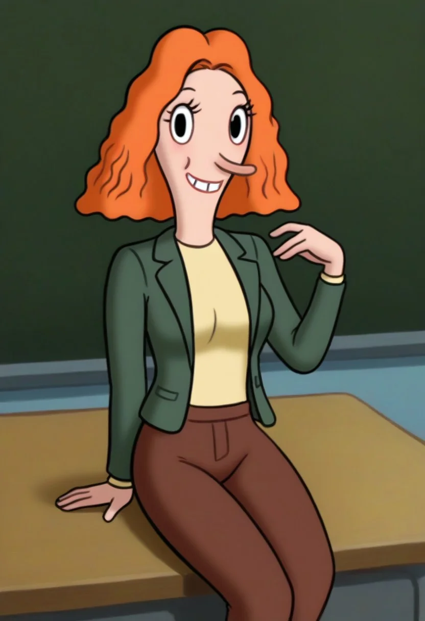 looking at viewer, sitting on desk, seductive, teasing, flirting, smiling, MarLH_TP, 1 woman, solo, orange hair, green blazer, yellow shirt, brown pants, black slip ons, long nose, parted hair,