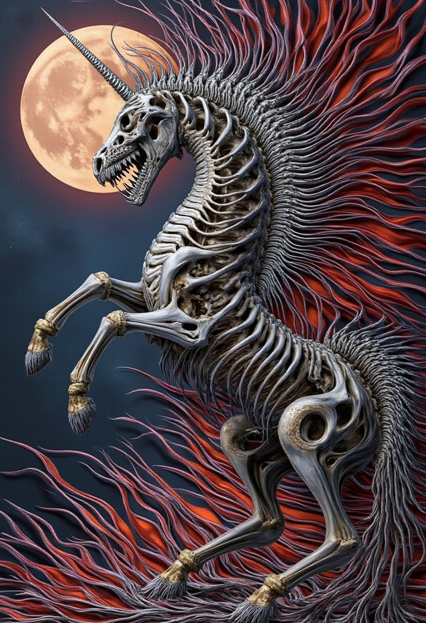 intricate yfg-patt3rn of, â½(ð³) ââ¨ fractalization in the form of a Lorenz effects, chaos, fury, disfigured, kinetic collage, WORLD MORPH (XXX), skeletal unicorn, masterpiece, best quality, detailed spooky background, blood moon, dramatic lighting