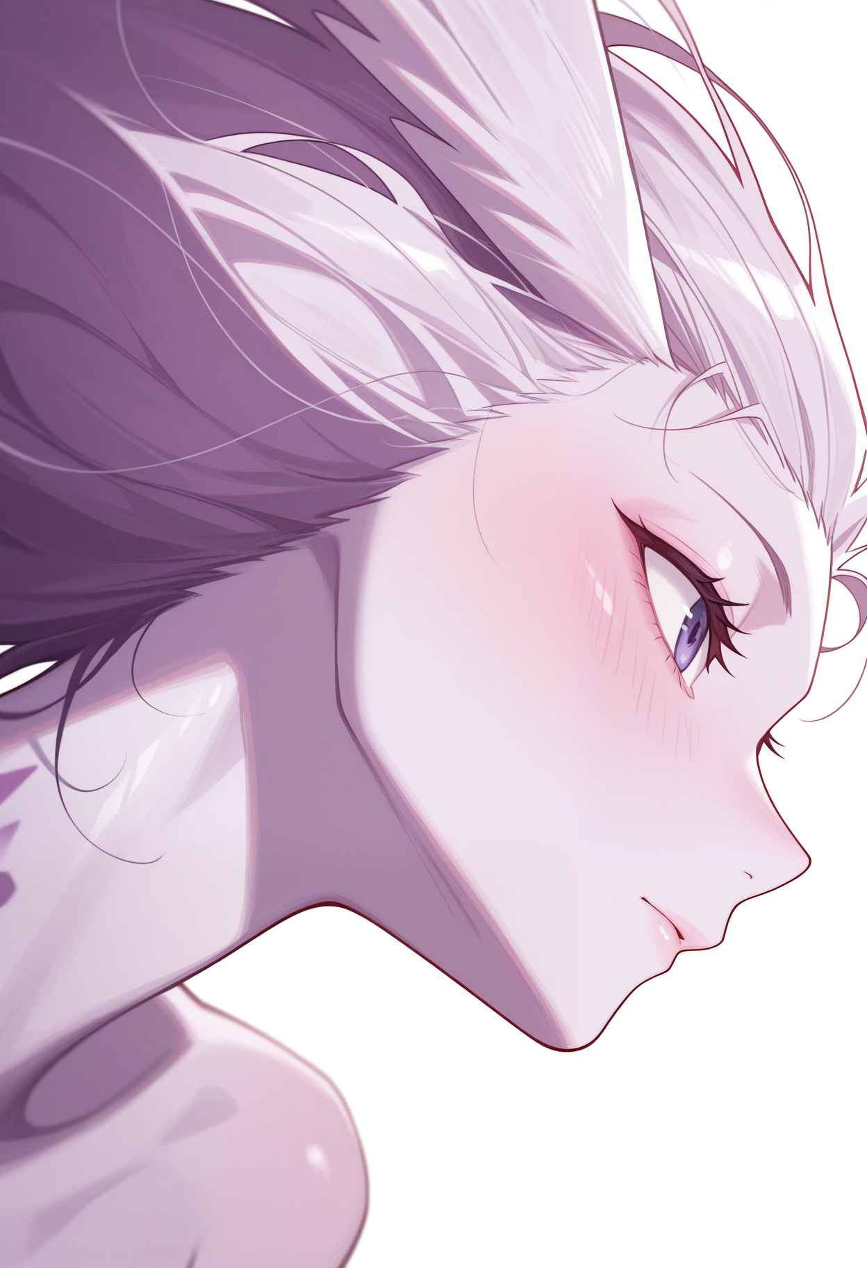 masterpiece,best quality,amazing quality, 1girl, solo, 3sper, monster girl, purple skin, purple eyes, close up, side angle,