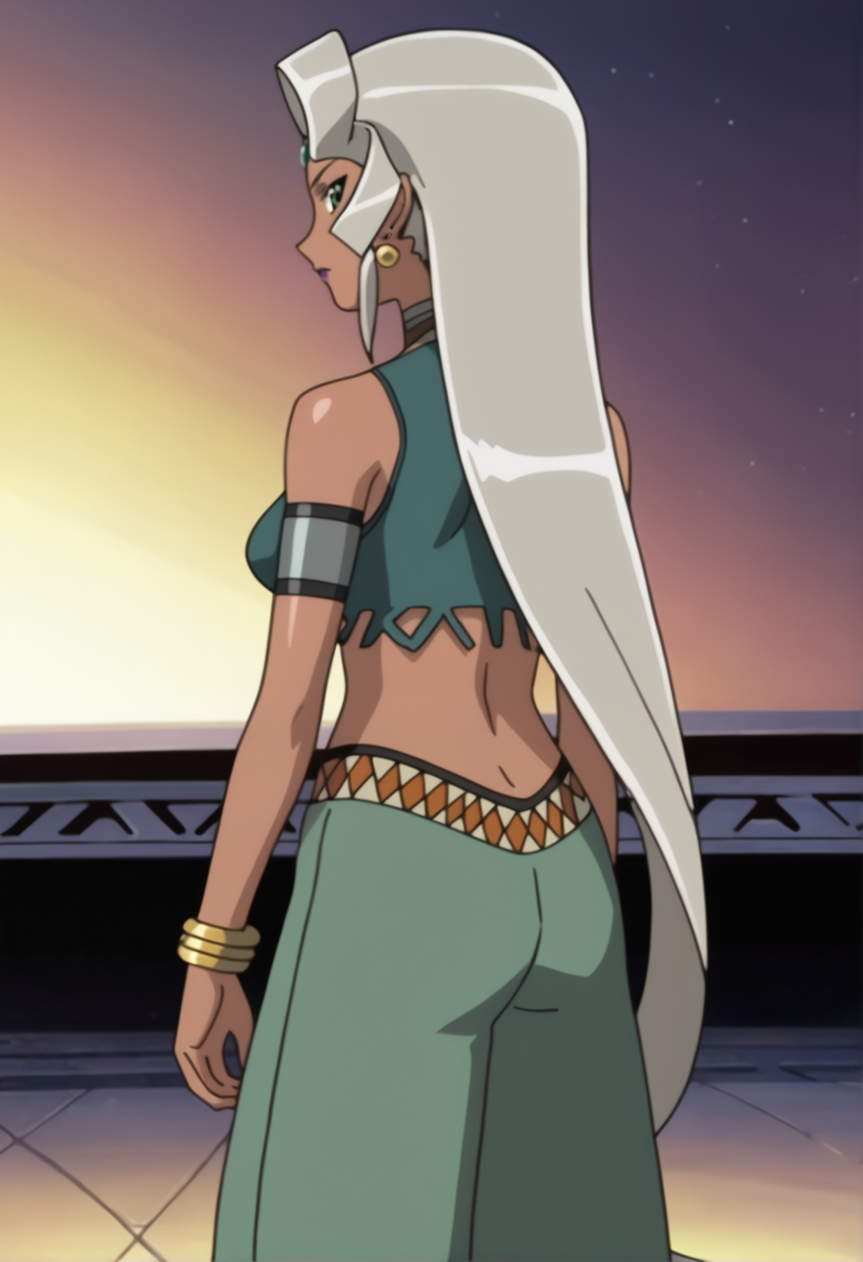 score_9_up, scorce_anime, 1girl, from behind. facing away. looking over shouler. calessa, long hair, very long hair. dark skin, jewelry, dark-skinned female, grey hair, breasts, earrings, makeup, lipstick, forehead jewel, midriff, crop top, bare shoulders, bracelet, navel, green eyes, armlet, looking at viewer, very long hair, standing, baggy pants,