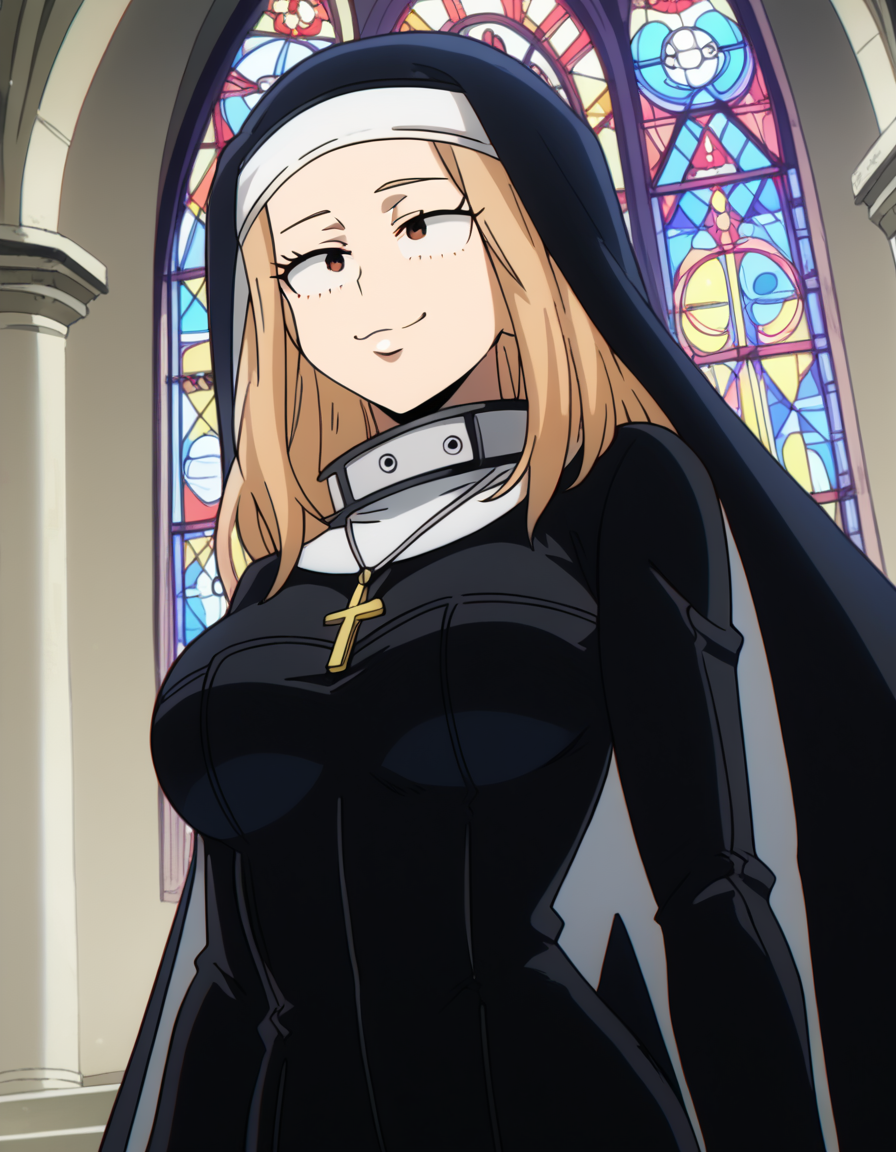 score_9, score_8_up, score_7_up, source_anime, <lora:camie-utsushimi-s3-ponyxl-lora-nochekaiser:1>, camie utsushimi, long hair, blonde hair, brown eyes, large breasts,, <lora:traditional-nun-ponyxl-lora-nochekaiser:1>, traditional nun, nun, habit, long sleeves, dress, black dress, jewelry, black veil, cross, cross necklace,, church, smug, praying,, , dutch angle, cowboy shot