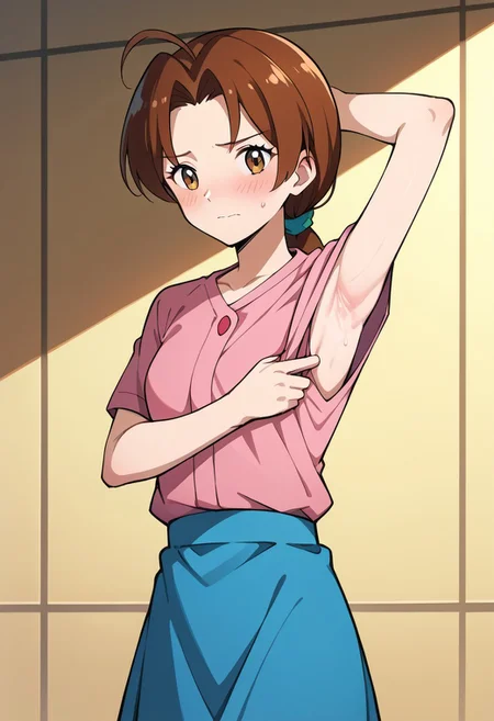 Masterpiece, Highest Quality, Ultra Detailed, High Resolution, Score_9, Score_8_up, Score_7_up, source_anime. anime style. masterpiece, highres, absurdres. Best resolution. Good anatomy.
deliaketchum, brown hair, brown eyes, parted bangs, ahoge, ponytail, low ponytail, embarrassed. shirt, pink shirt, short sleeves, skirt, blue skirt, long skirt,
(1girl, solo. pulling clothes to show armpits. hold clothes with one hand)