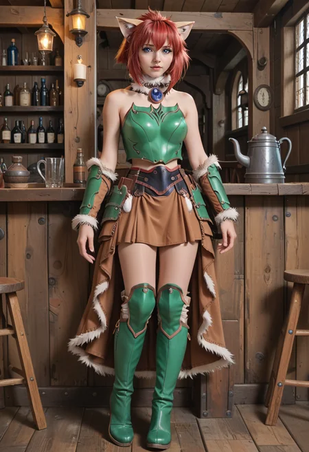 marinbravesoul, 1girl, solo, standing leans to wooden wall, ( full body shot:1.1), solo, blue eyes, cat ears, cat tail, red hair, brown skirt, green armor, bare shoulders, fur chocker, looking at viewer, brown boots, indoor, fantasy tavern, <lora:MarinBraveSoulPonyV3_B1_Warm:0.95>, score_9, score_8_up, score_7_up,