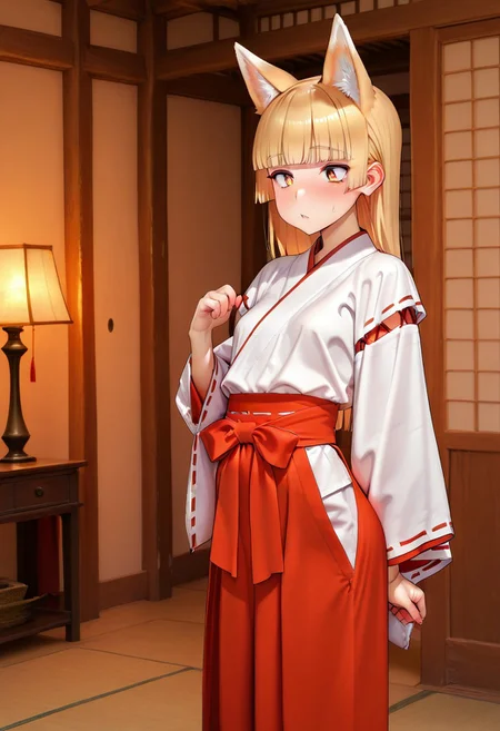 NSFW,1girl,fox girl,animal ear,miko outfit,hakama, red hakama,long hair,gold hair,hime cut,room,high quality,best quality, amazing quality,
absurdres, very aesthetic, newest, HDR, high detail RAW color art